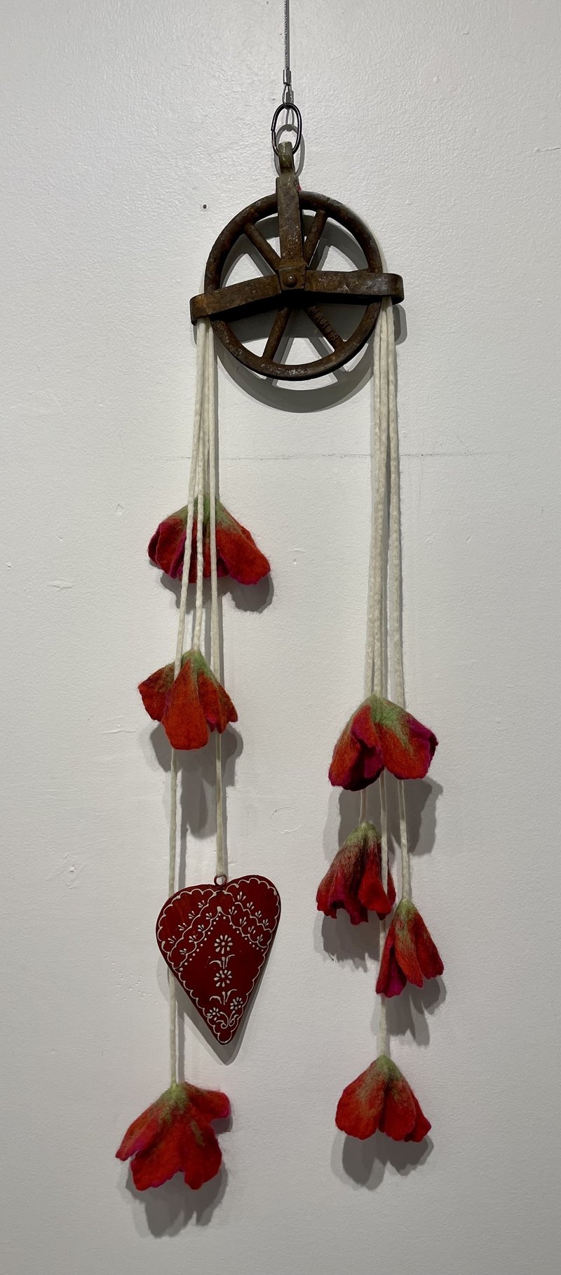 Pulley with felted flowers and metal heart