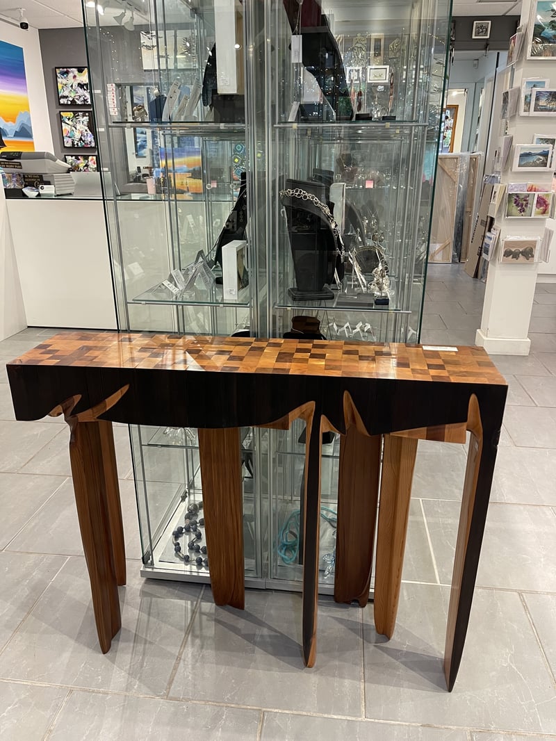 Wide Carved Cedar Hallway Table with burned embellishments